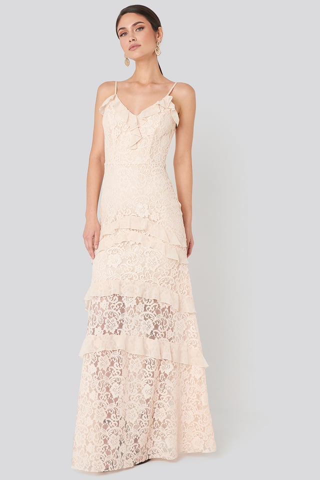 Frill Detail Lace Evening Dress Powder Pink
