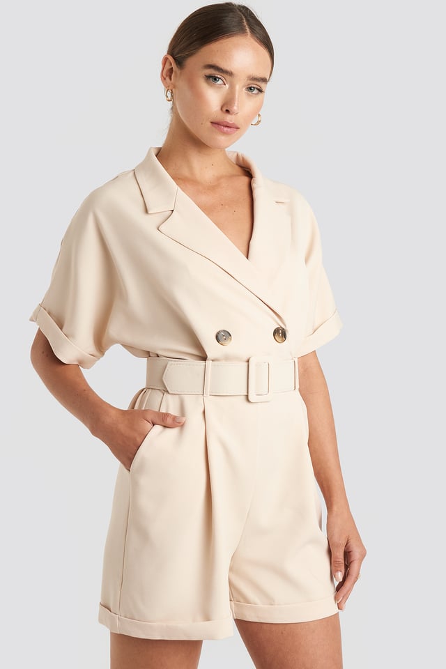 Front Button Belted Playsuit Stone