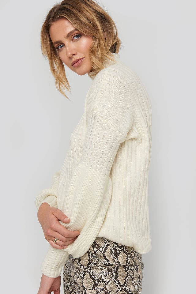 High Neck Volume Cuffs Knitted Sweater Stone