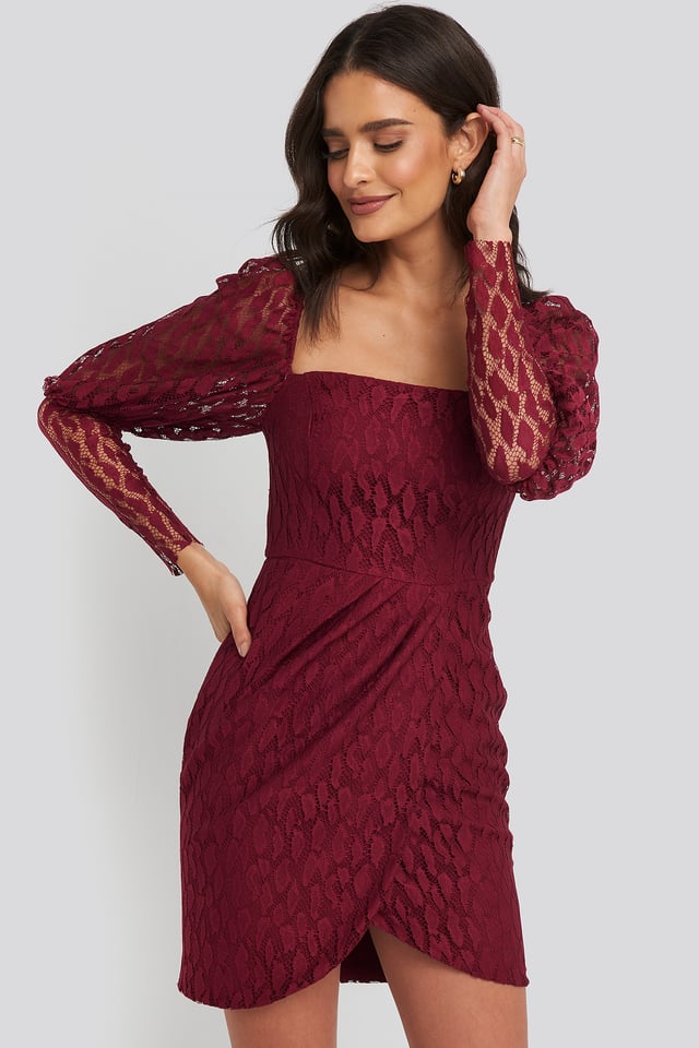 Lace Sleeve Detailed Mini Dress Burgundy