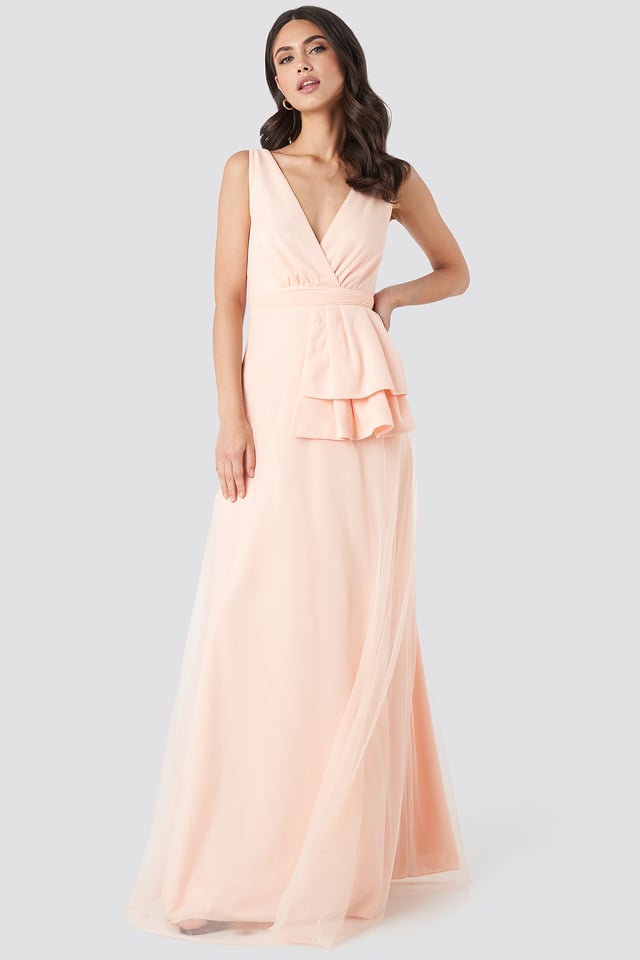 Peplum Detailed Evening Dress Powder Pink
