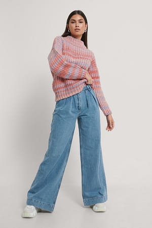 Blue Pleated Wide Jeans