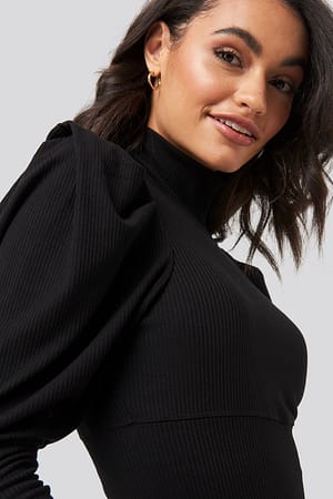 Black Puff Sleeve Corded Knit Top