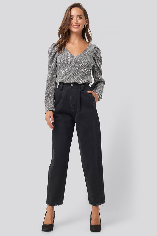 Ripped Detail High Waist Mom Jeans Black