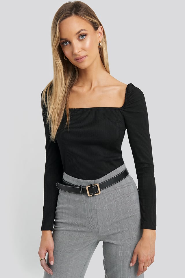Ruffle Detail Square Neck Top Black