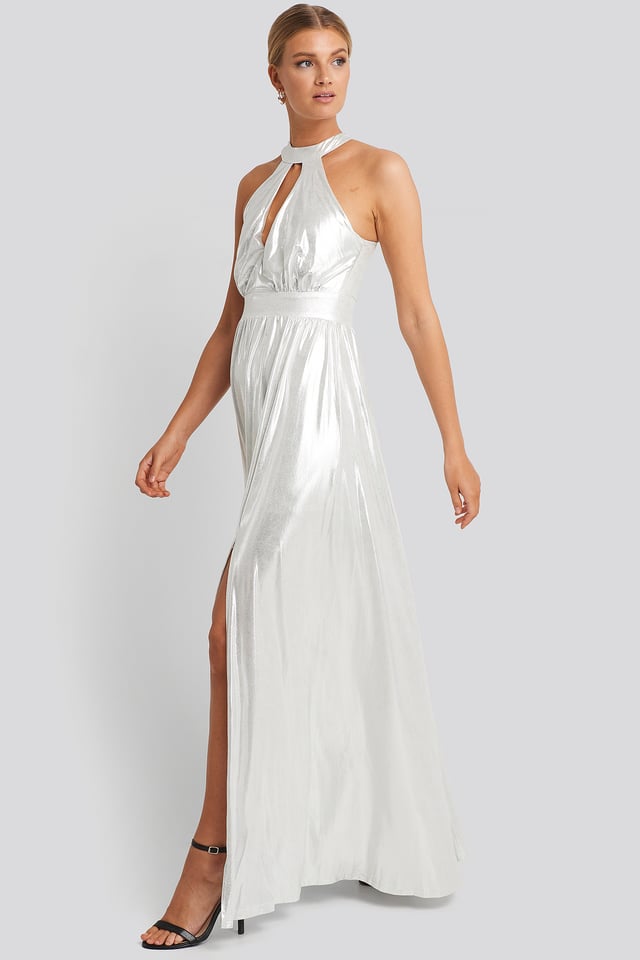 Silver Halter Neckline Evening Dress Silver