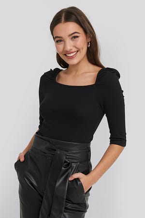 Black Square Neck Knitted Top