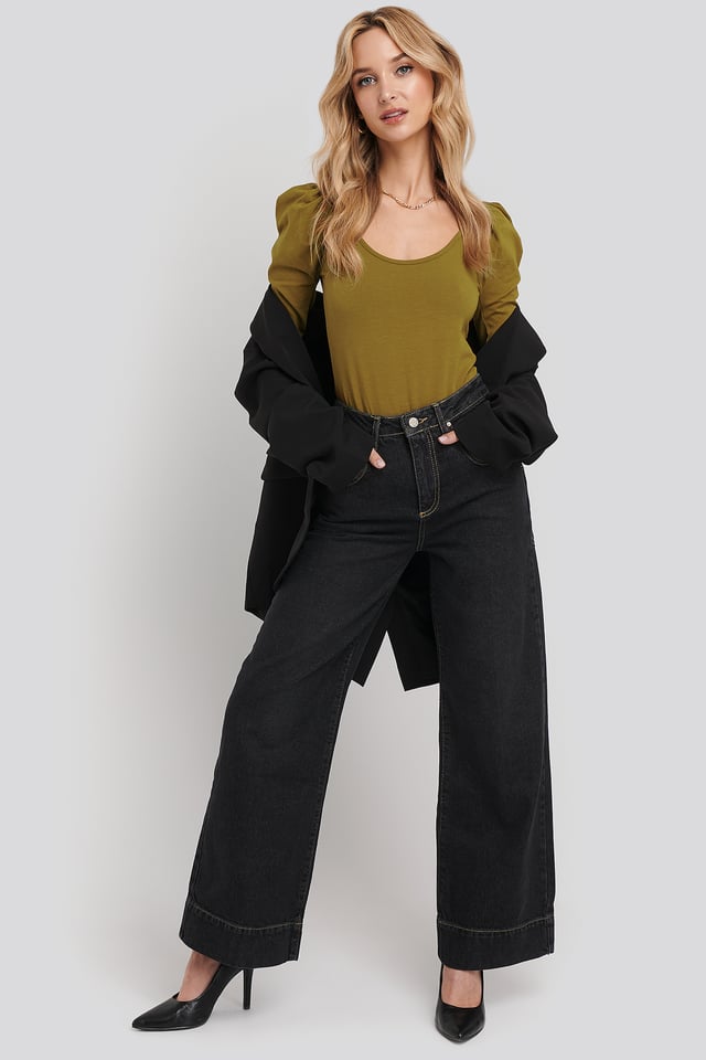 Stitching High Waist Wide Leg Jeans Black