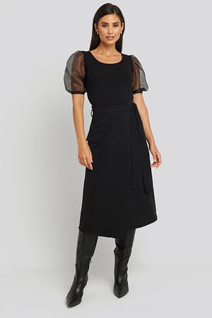 Black Waist Binding Overlap Midi Skirt
