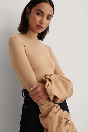 Beige Draped Sleeve Fitted Top