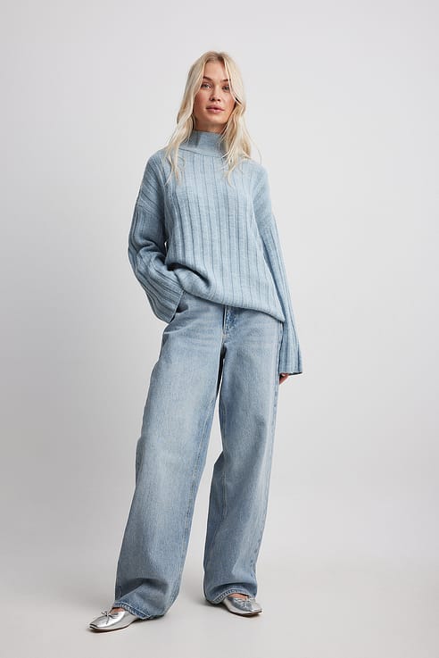 Damen Blaugraue Weite Jeans - Hohe Taille & Lockere Passform