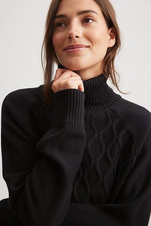 Black Turtle Neck Knitted Cable Sweater