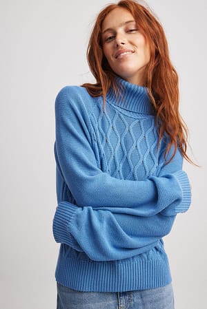 Blue Turtle Neck Knitted Cable Sweater
