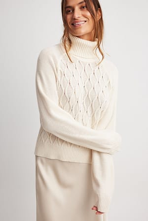 Offwhite Turtle Neck Knitted Cable Sweater