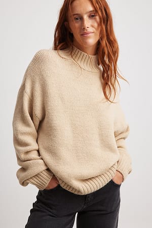 Beige Turtle Neck Knitted Sweater