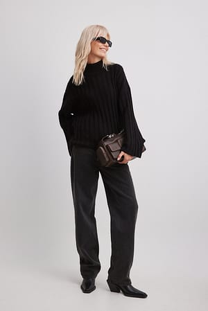 Black Turtle Neck Knitted Wide Rib Sweater