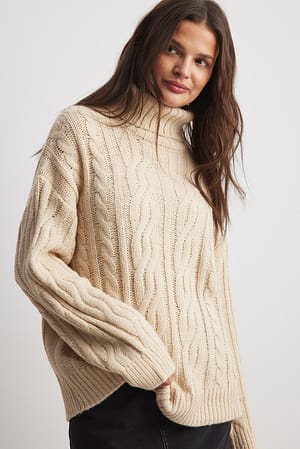 Beige Turtleneck Knitted Cable Sweater