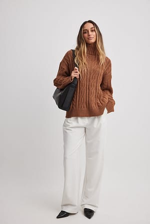 Turtleneck Knitted Cable Sweater Outfit.
