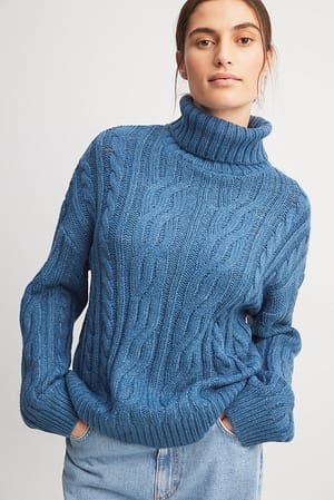 Blue Turtleneck Knitted Cable Sweater