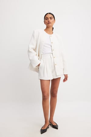 White Tweed Mid Waist Pleat Detail Shorts
