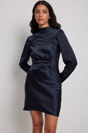 Dark Blue Twist Detail Satin Mini Dress