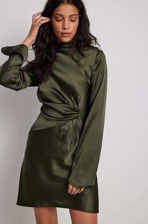 Dark Green Twist Detail Satin Mini Dress