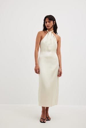 White Twisted Front Satin Midi Dress