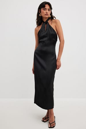 Black Twisted Front Satin Midi Dress