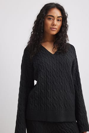 Dark Grey V-Neck Cable Knit Sweater