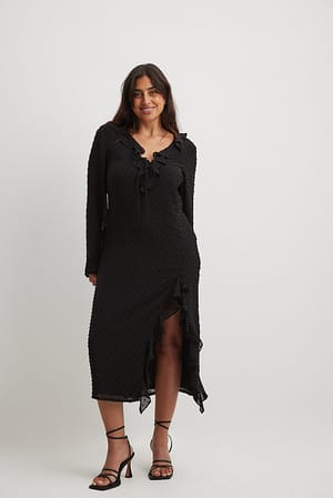 Black V-Neck Frill Midi Dress