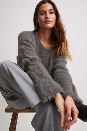 Grey V-Neck Knitted Cable Sweater