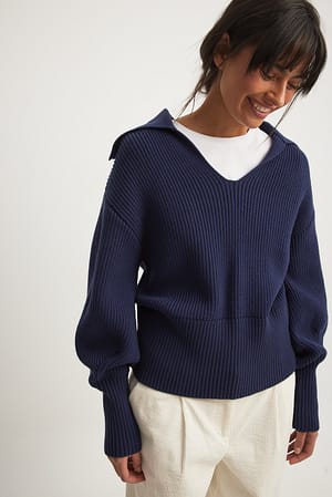 Navy V-neck Knitted Collar Sweater