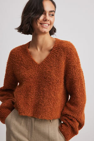 Rust V-Neck Knitted Cropped Sweater