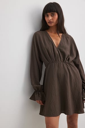 Brown V-Neck Long Sleeve Mini Dress