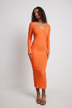 Orange Organic V-Neck Rib Long Sleeved Midi Dress