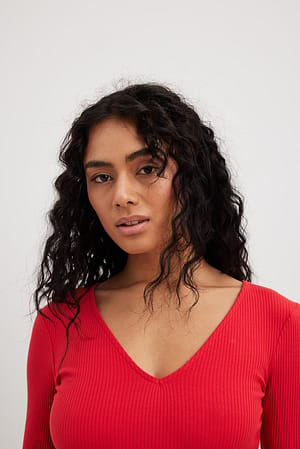Red V-neck Ribbed Long Sleeve Top