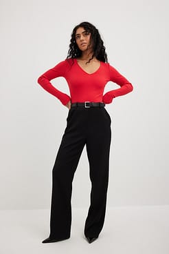 V-Neck Ribbed Long Sleeve Top Outfit