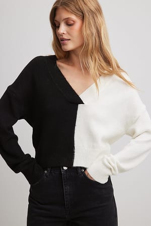 Black/White V-Necked Knitted Block Colour Sweater
