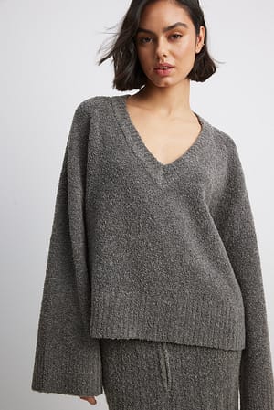 Grey V Neck Knitted Sweater