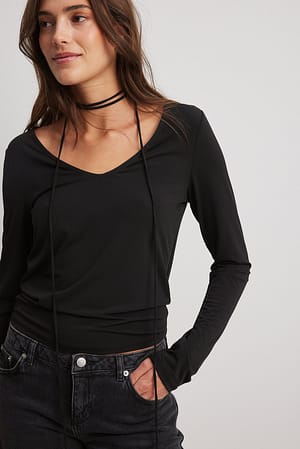 Black V-neck Straps Detail Long Sleeve Top