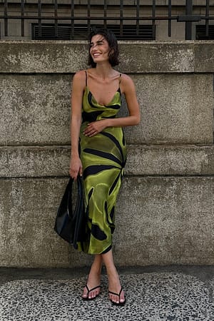 Green Print Waterfall Midi Slip Dress