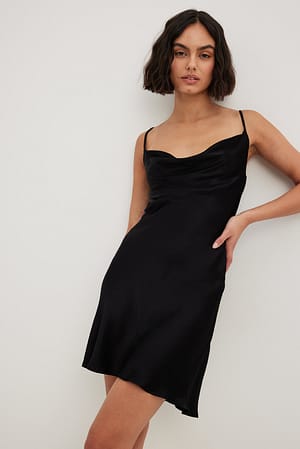 Black Waterfall Mini Slip Dress