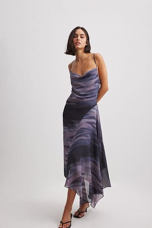 Print Waterfall Seam Detail Midi Dress