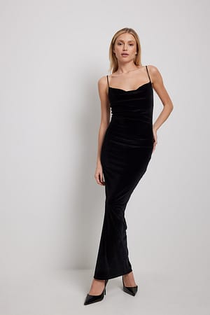 Black Waterfall Velvet Maxi Dress