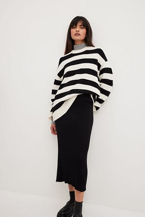 Black Wide Rib Knitted Midi Skirt
