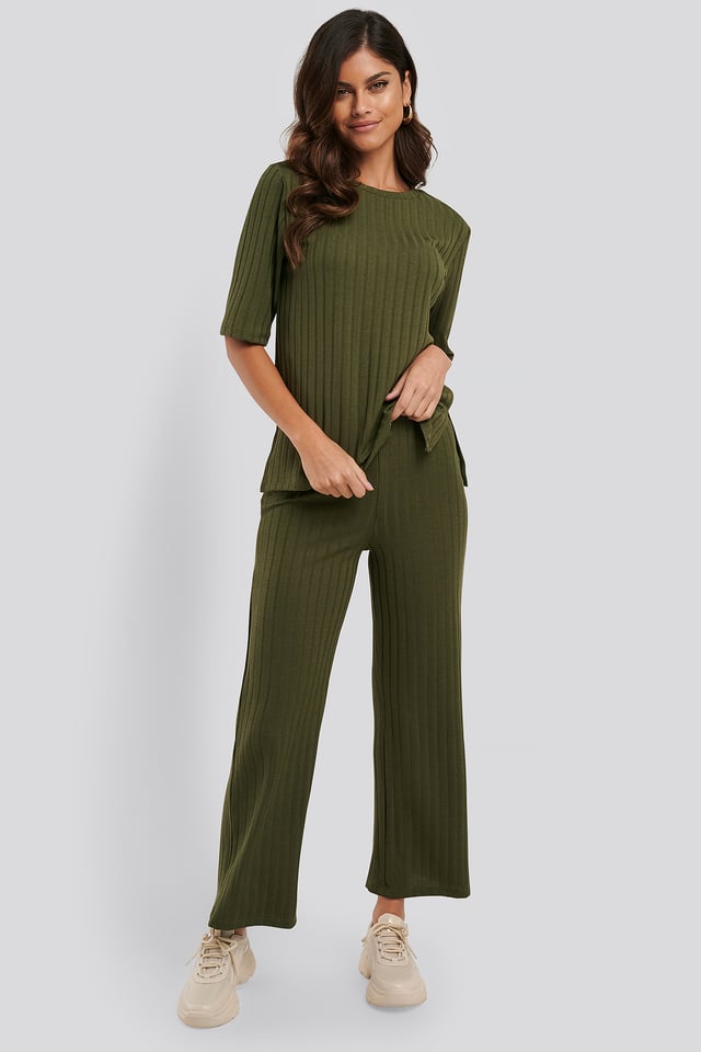 Wide Rib Loose Fit Pants Army Green