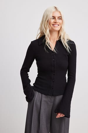 Black Wide Sleeve Button Top