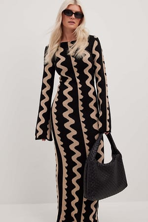 Black/Beige Wide Sleeve Knitted Maxi Dress