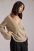 Beige Wide Sleeve V-neck Knitted Sweater
