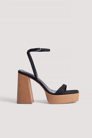Black Wooden Heel Platform Sandals